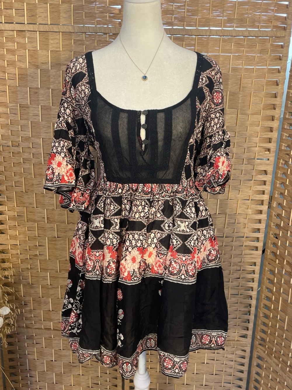 Free People Black Babydoll Dress with Coral Floral Trim